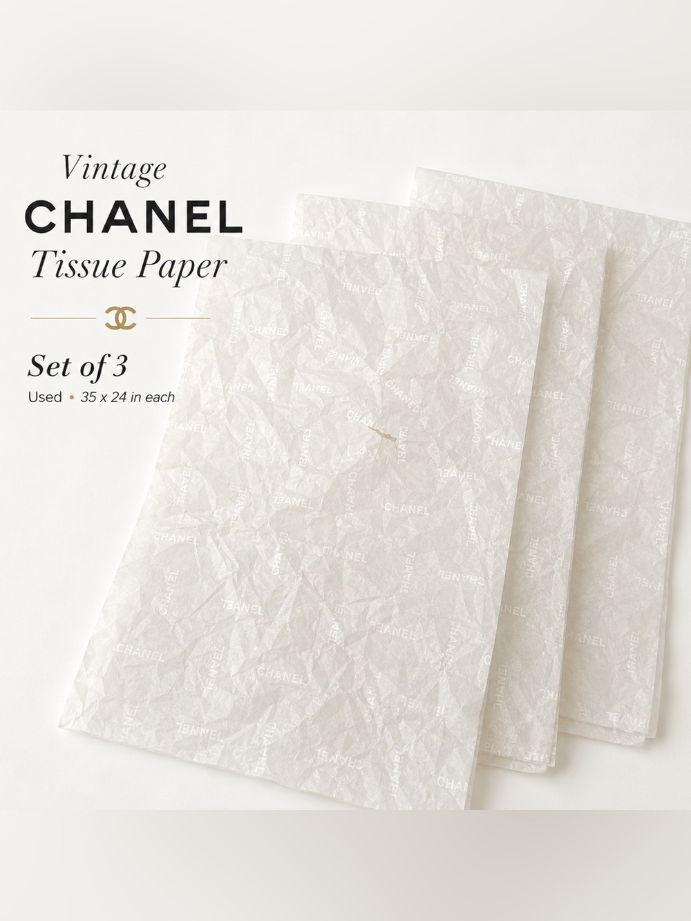 Authentic vintage CHANEL Logo Tissue Paper Set of 3 Used Sheets 35” x 24”